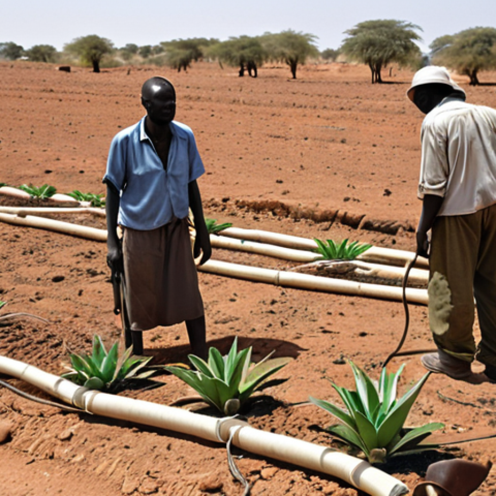 **

A digital illustration depicting Israeli engineers overseeing the installation of a drip irrigation system in a drought-stricken region of South Sudan. Focus on the contrast between the arid landscape and the modern technology, symbolizing technology transfer and agricultural innovation. Include South Sudanese farmers working alongside the engineers, conveying a sense of collaboration and hope. The color palette should emphasize earth tones with pops of blue and white to represent water and Israeli technology.

**