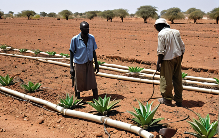 **
A digital illustration depicting Israeli engineers overseeing the installation of a drip irrigation system in a drought-stricken region of South Sudan. Focus on the contrast between the arid landscape and the modern technology, symbolizing technology transfer and agricultural innovation. Include South Sudanese farmers working alongside the engineers, conveying a sense of collaboration and hope. The color palette should emphasize earth tones with pops of blue and white to represent water and Israeli technology.
**