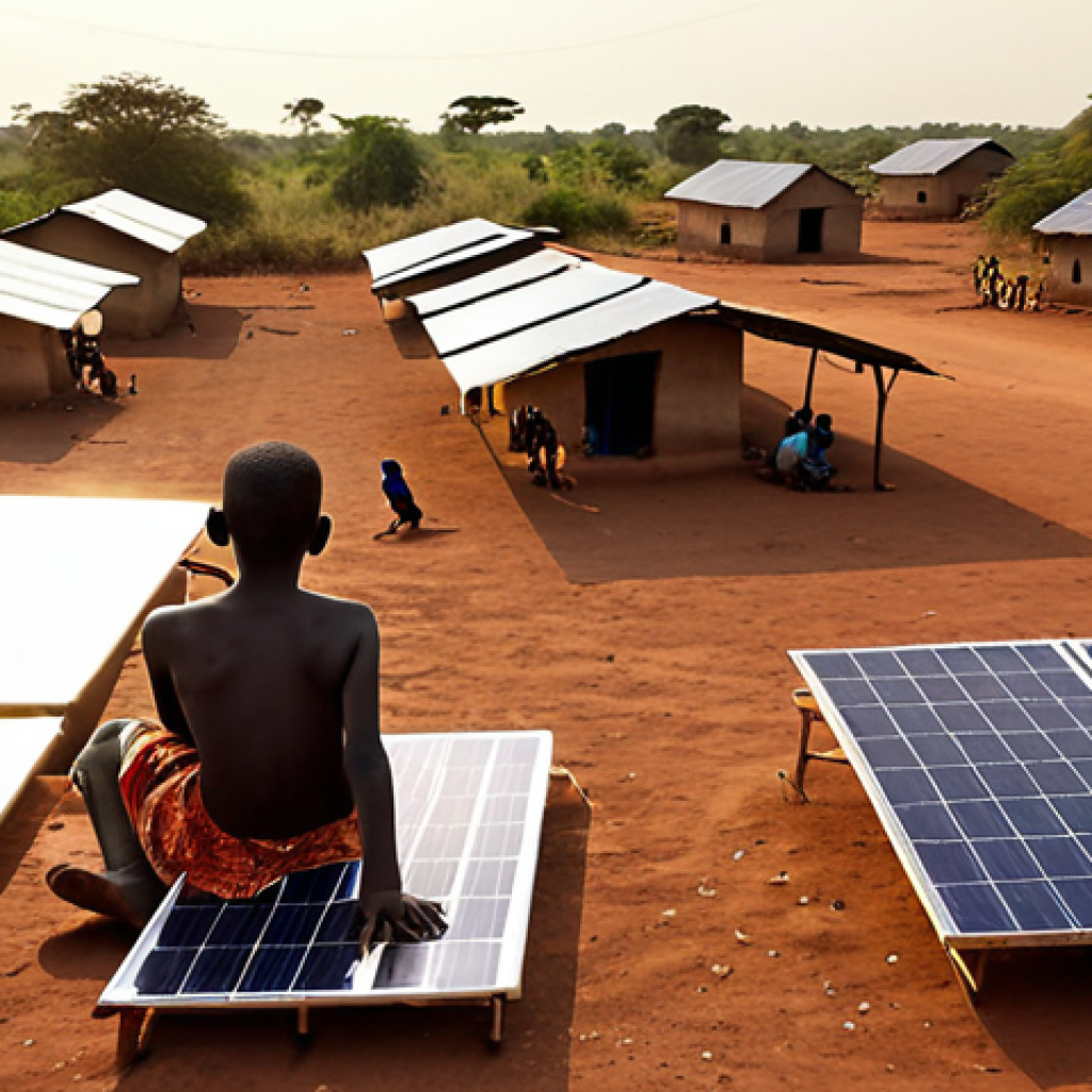 **Prompt:** Solar panels on the rooftops of homes in a rural South Sudanese village, children studying under the light of LED lamps powered by solar energy, a sense of hope and progress, golden hour lighting, clear sky.