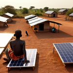 **Prompt:** Solar panels on the rooftops of homes in a rural South Sudanese village, children studying under the light of LED lamps powered by solar energy, a sense of hope and progress, golden hour lighting, clear sky.