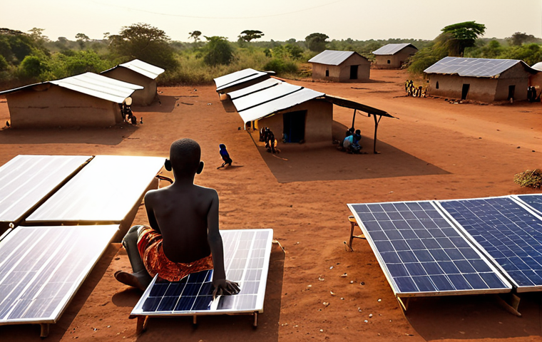 **Prompt:** Solar panels on the rooftops of homes in a rural South Sudanese village, children studying under the light of LED lamps powered by solar energy, a sense of hope and progress, golden hour lighting, clear sky.