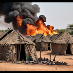 A powerful image showcasing the aftermath of ethnic clashes in a South Sudanese village, focusing on the Dinka and Nuer tribes. The scene depicts burnt huts and displaced villagers, with a somber color palette emphasizing the destruction and loss. Include UN peacekeeping forces in the background to symbolize the international community's presence.
