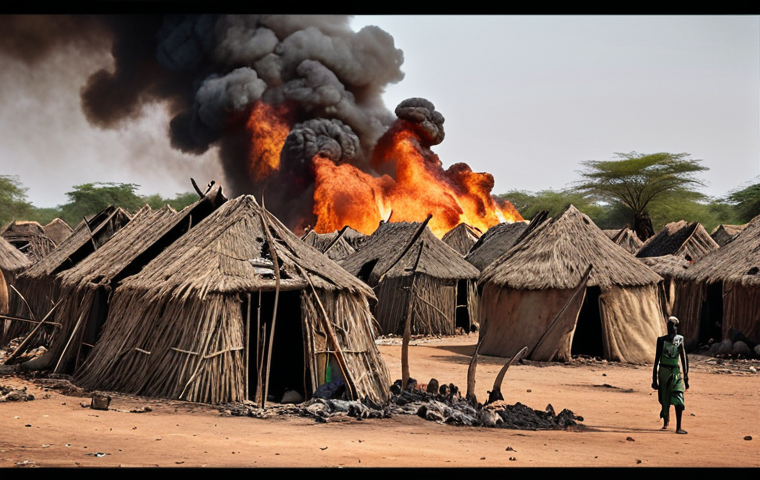 A powerful image showcasing the aftermath of ethnic clashes in a South Sudanese village, focusing on the Dinka and Nuer tribes. The scene depicts burnt huts and displaced villagers, with a somber color palette emphasizing the destruction and loss. Include UN peacekeeping forces in the background to symbolize the international community's presence.