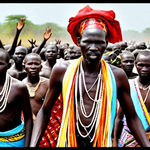 Home 24 **Prompt:** A vibrant religious procession in South Sudan. Focus on colorful traditional clothing, rhythmic dancing, and singing. Capture the spirit of community and the blending of tribal rituals with Christian or animist influences. Background featuring the South Sudanese landscape.