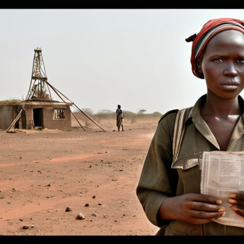 Home 23 **Image:** A Polish person (male or female) looking optimistically towards a dusty South Sudanese landscape, perhaps with oil derricks in the distance. The person is holding a CV and wearing slightly travel-worn but professional clothing. The overall tone is hopeful but realistic.