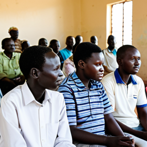 Home 9 A diverse group of South Sudanese adults, including men and women, fully clothed in modest, culturally appropriate attire, collaboratively engaged in a community education workshop within a bright, clean community hall. They are attentively listening and interacting, embodying resilience and hope. The scene is well-lit with natural light, depicting a professional and family-friendly atmosphere. Perfect anatomy, correct proportions, natural pose, well-formed hands, proper finger count, natural body proportions, high-quality, safe for work, appropriate content, fully clothed, modest.