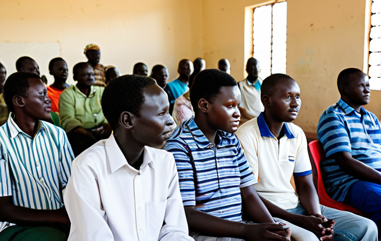 A diverse group of South Sudanese adults, including men and women, fully clothed in modest, culturally appropriate attire, collaboratively engaged in a community education workshop within a bright, clean community hall. They are attentively listening and interacting, embodying resilience and hope. The scene is well-lit with natural light, depicting a professional and family-friendly atmosphere. Perfect anatomy, correct proportions, natural pose, well-formed hands, proper finger count, natural body proportions, high-quality, safe for work, appropriate content, fully clothed, modest.